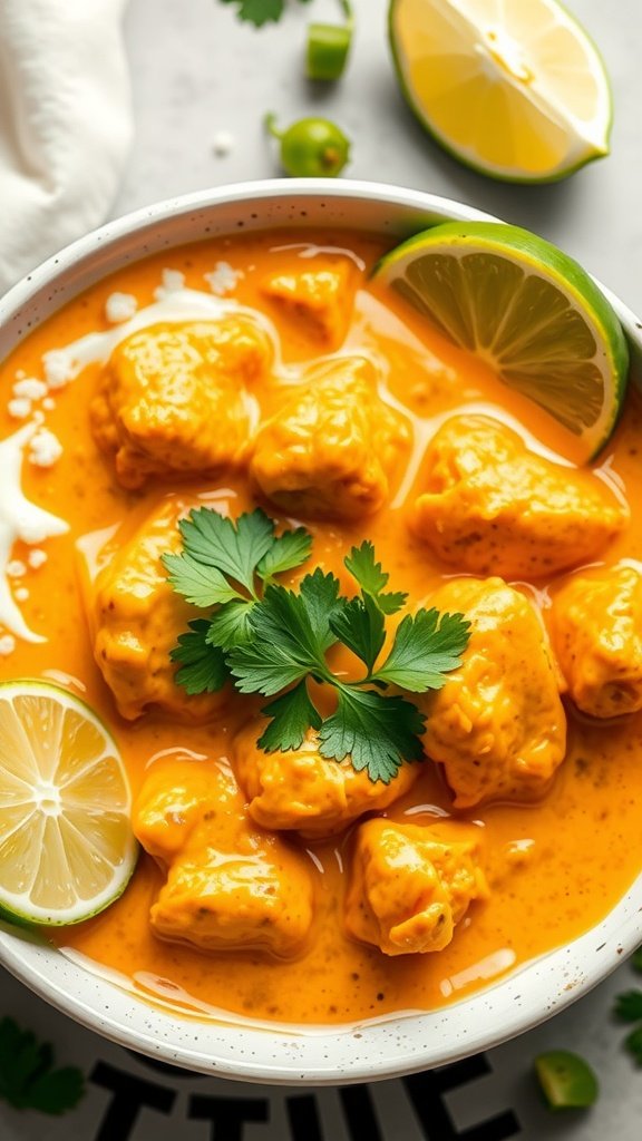 A bowl of creamy coconut curry chicken garnished with lime slices and fresh herbs.