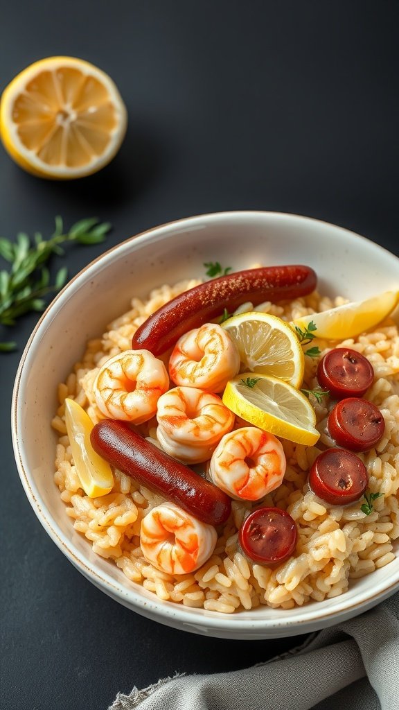 A bowl of creamy risotto with shrimp and kiełbasa, garnished with lemon slices and herbs.