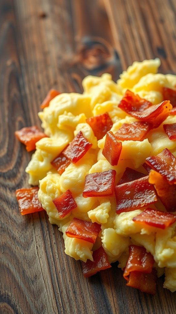 Creamy scrambled eggs mixed with crispy bacon pieces on a wooden surface.