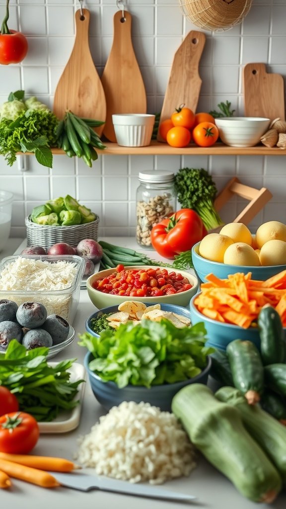 A colorful assortment of fresh vegetables, fruits, grains, and nuts laid out on a kitchen countertop, showcasing healthy meal preparation.