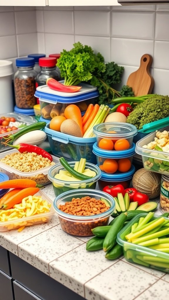 A variety of fresh vegetables and grains prepared for meal planning.