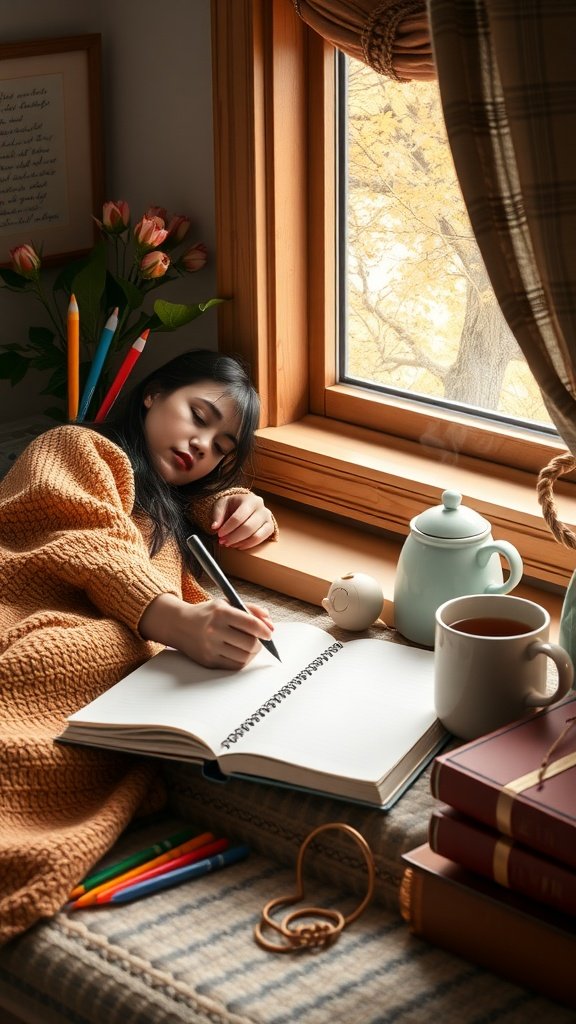 A cozy scene of a woman journaling by a window with colorful pencils and a cup of tea.