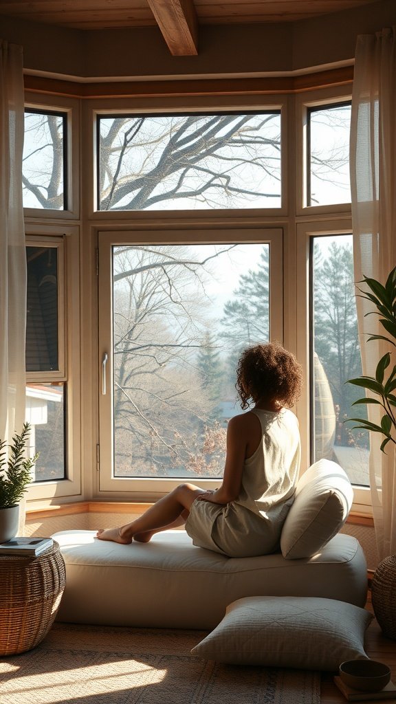 A person sitting by a large window, gazing outside in a cozy room filled with natural light.