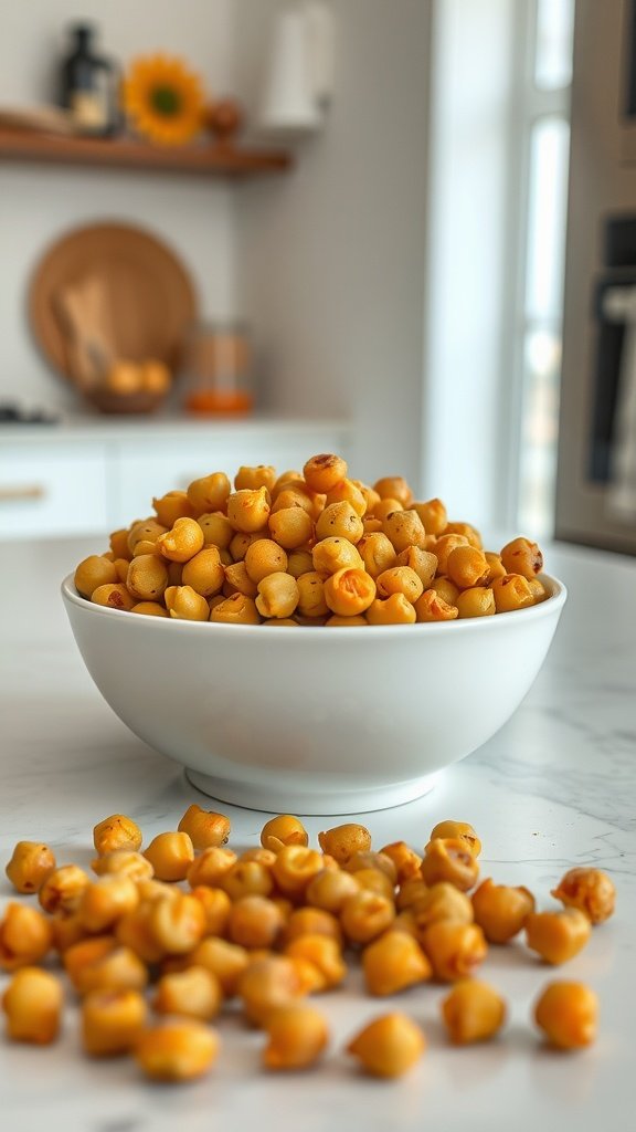 A bowl of crunchy chickpea bites displayed on a table.