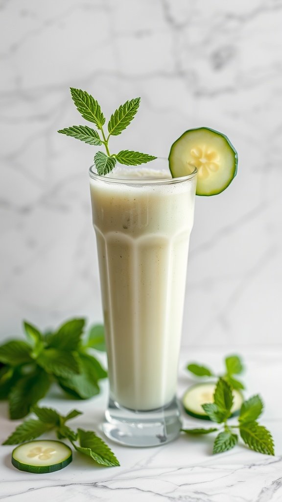 A refreshing cucumber mint smoothie served in a glass, garnished with mint leaves and cucumber slices.