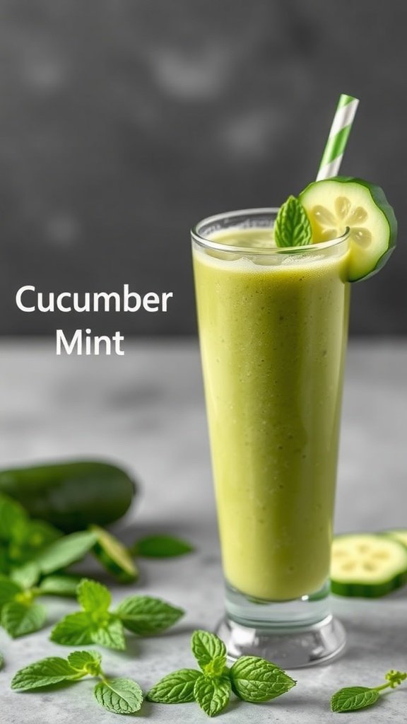 Refreshing cucumber mint smoothie in a tall glass with a straw, garnished with mint leaves and cucumber slices.