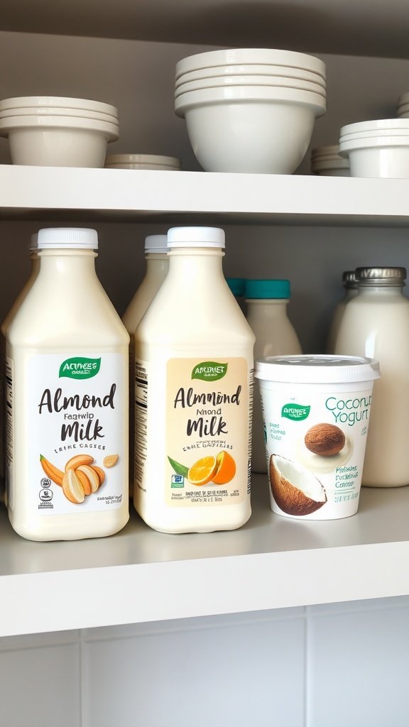 A shelf displaying almond milk and coconut yogurt, representing dairy alternatives for clean eating.