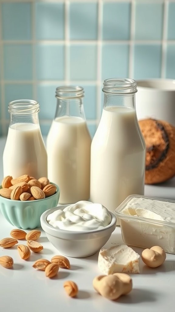 Bottles of almond milk, bowls of yogurt, and cream cheese with almonds arranged on a kitchen counter.