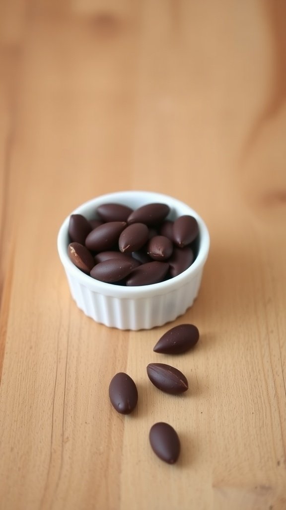 Dark chocolate covered almonds in a white dish