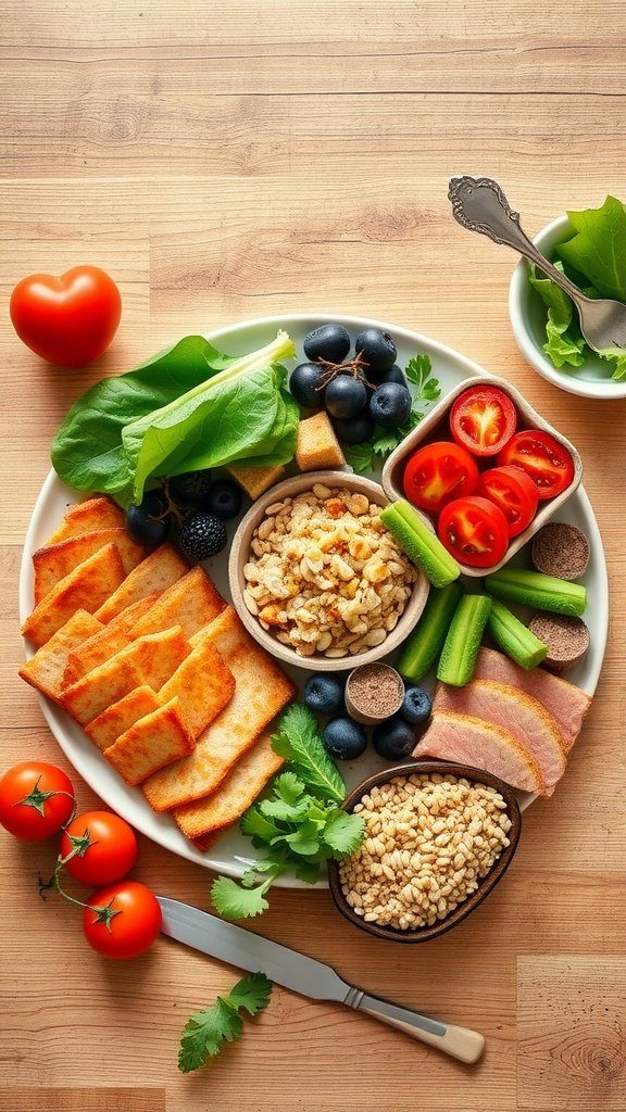 A healthy DASH diet plate with spinach, tomatoes, blueberries, celery, turkey slices, crackers, and hummus