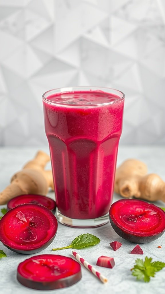 A vibrant beetroot and ginger smoothie in a glass with fresh ingredients around it.