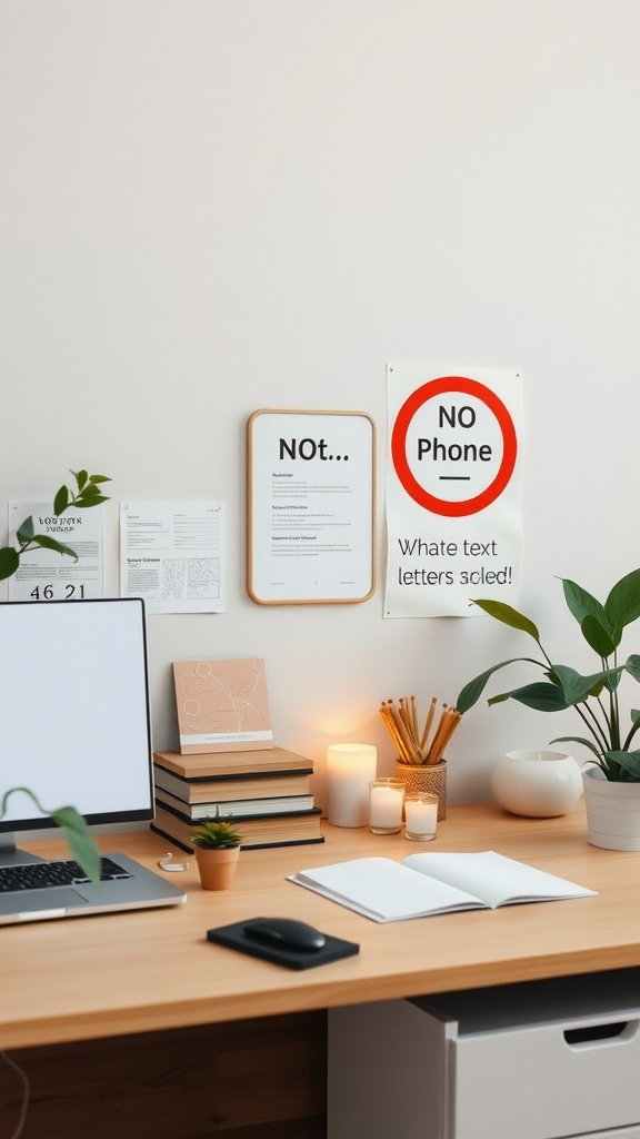 A clean workspace with a computer, candles, and a 'NO Phone' sign.