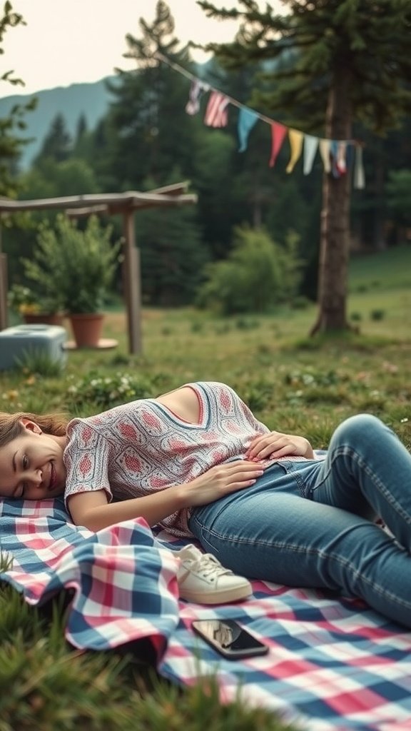 A woman lying on a picnic blanket outdoors, smiling and enjoying nature.