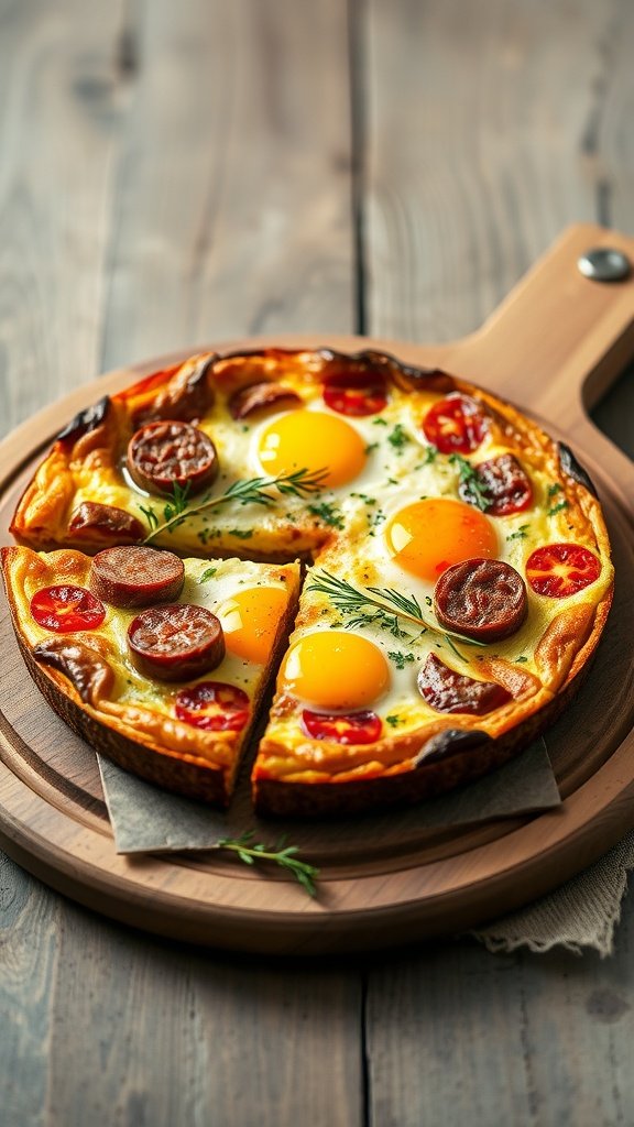 A delicious duck egg frittata topped with sausage and cherry tomatoes, garnished with herbs.