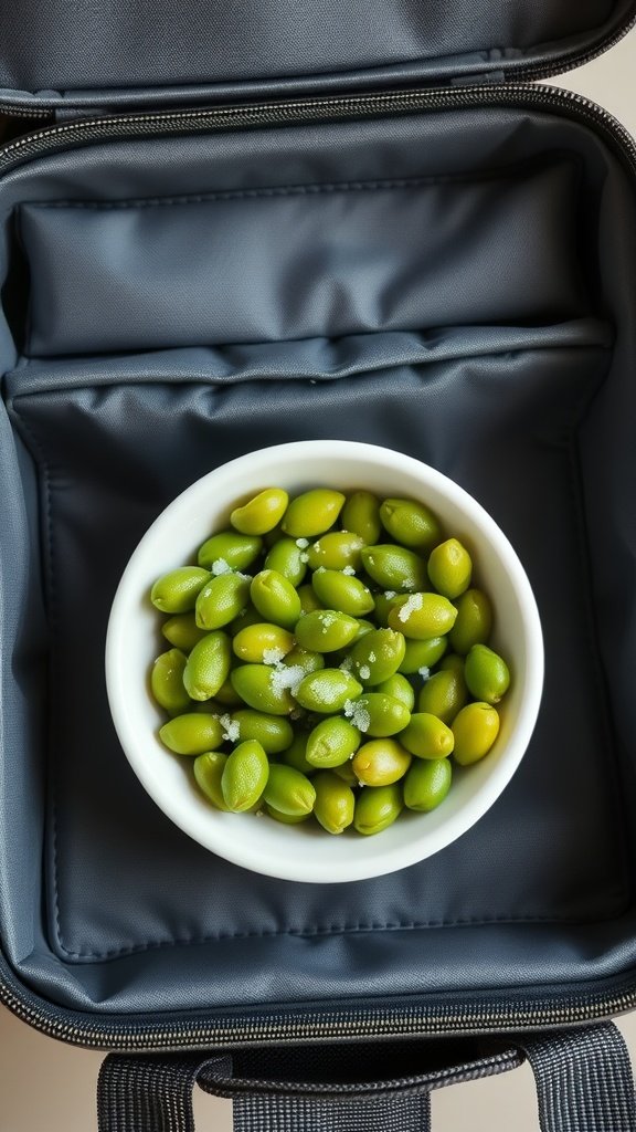 A bowl of edamame pods sprinkled with sea salt inside a lunch bag.