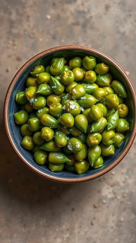 Bowl of edamame sprinkled with sea salt.