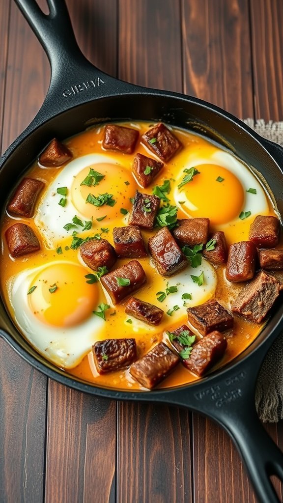 A delicious egg and steak scramble served in a skillet with green herbs.