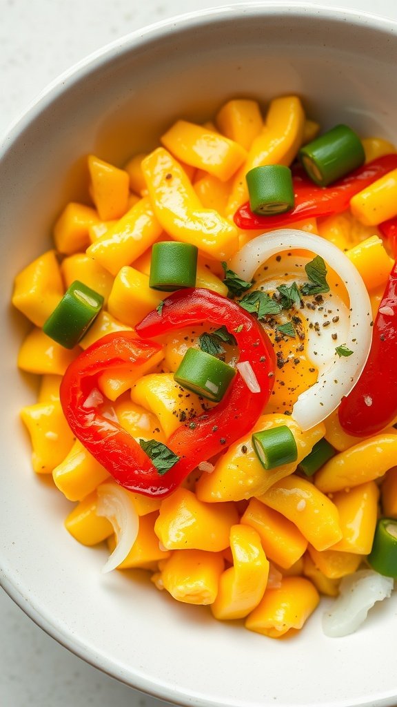 A colorful egg and veggie breakfast bowl topped with herbs.