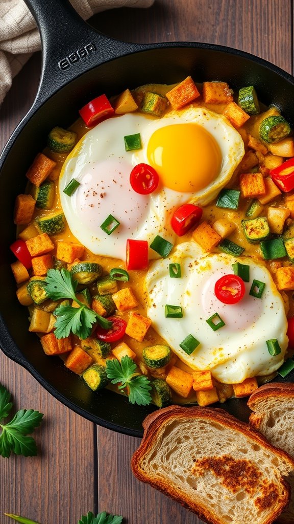 A delicious egg and veggie scramble with colorful vegetables and eggs in a skillet.