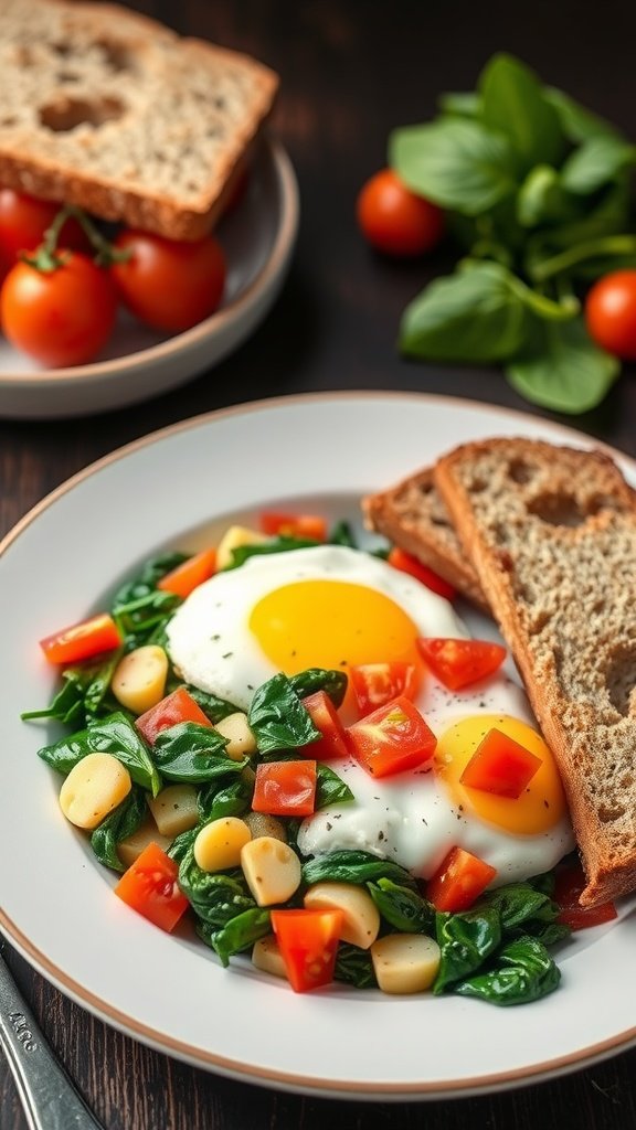 A healthy egg white scramble with spinach and tomatoes served on a plate next to whole grain bread.