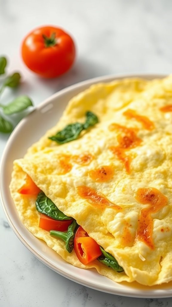 A fluffy egg white omelette filled with spinach, bell peppers, and onions on a plate with a tomato.