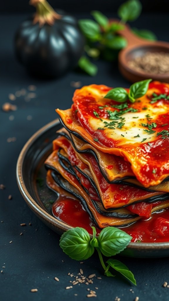 A plate of layered eggplant lasagna with marinara sauce and basil garnished on top.