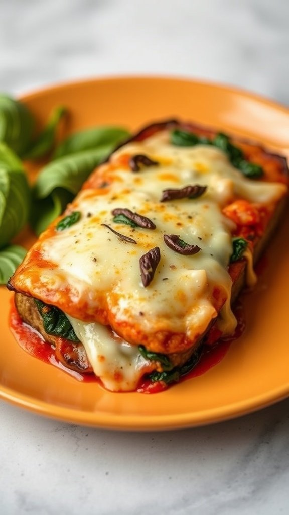 A delicious serving of eggplant parmesan with spinach, topped with melted cheese and served on an orange plate.