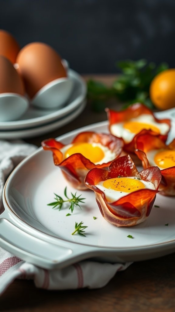 Eggs baked in prosciutto cups served on a plate