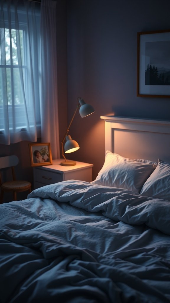 A cozy bedroom with warm lighting, showcasing a neat bed with pillows and a bedside lamp.