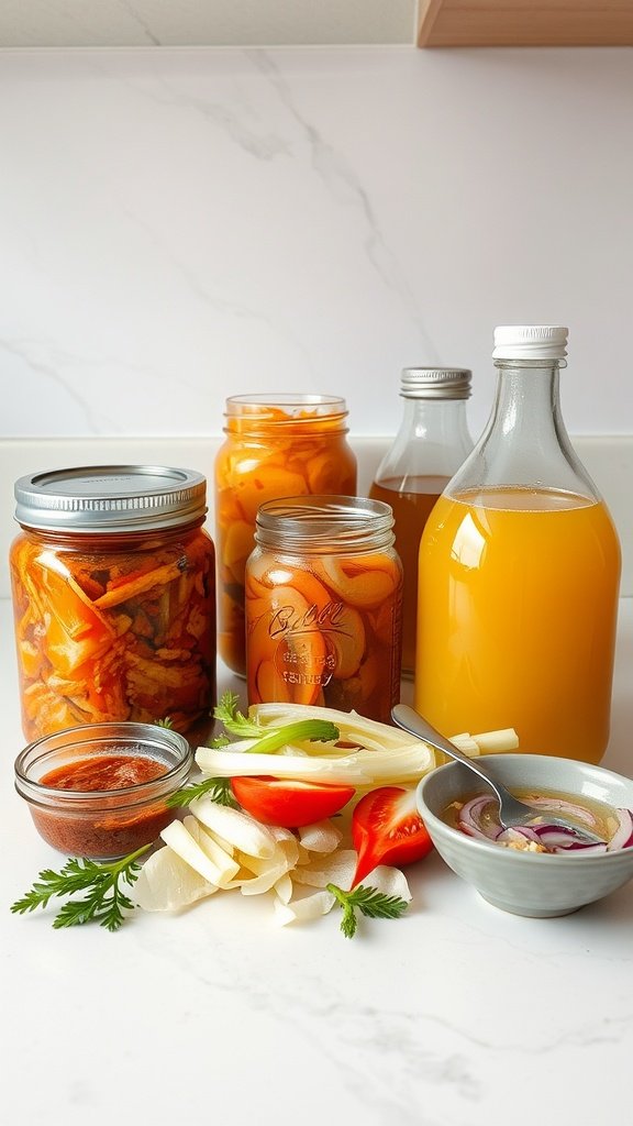 An assortment of fermented foods including pickled vegetables in jars, bottles of fermented drinks, and fresh ingredients like tomatoes and green onions.