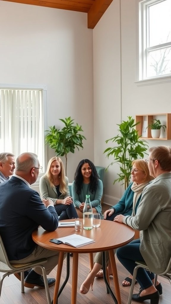 A supportive community meeting with individuals engaging in conversation around a table.