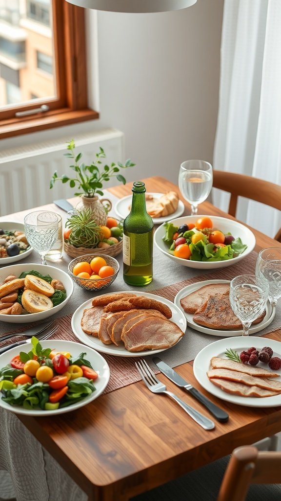 A table set with a variety of healthy dishes including salads, grilled meats, and fresh vegetables.