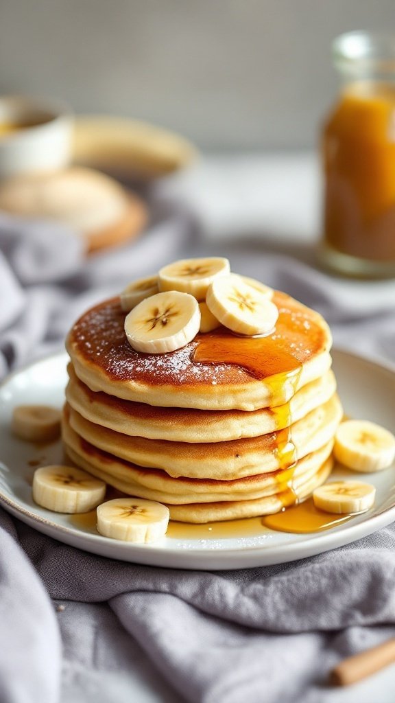 Fluffy protein pancakes topped with banana slices and syrup