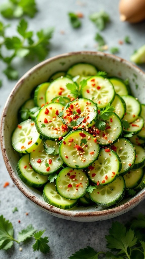 A bowl of fresh cucumber salad with chili flakes and cilantro.