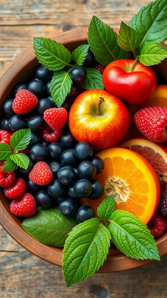 A colorful assortment of fresh fruits and berries in a wooden bowl.