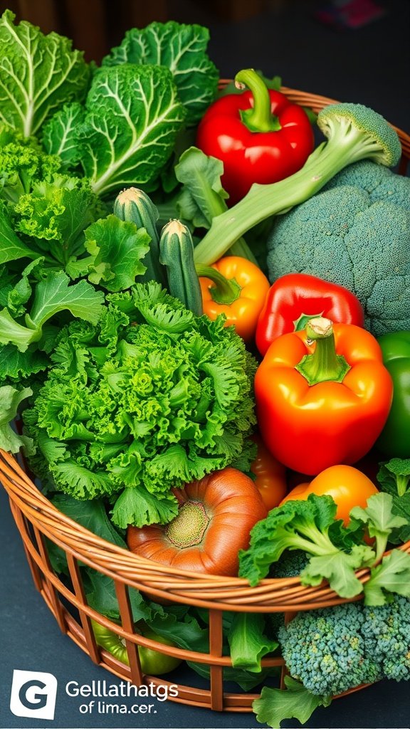 A basket filled with fresh vegetables including leafy greens, bell peppers, and broccoli.