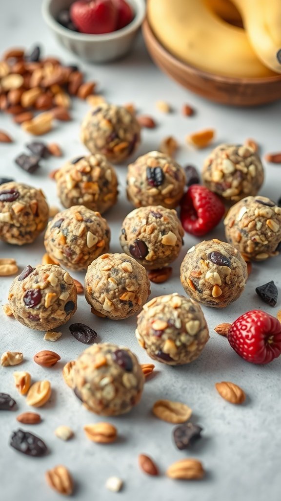 A variety of energy balls made with oats, nuts, and dried fruits, scattered on a surface.
