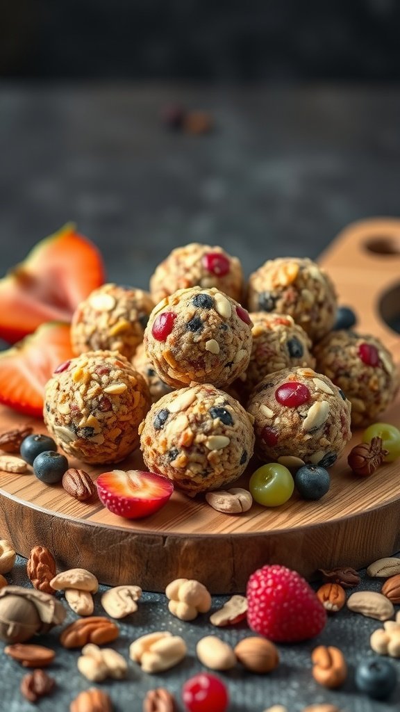 A plate of fruit and nut energy balls surrounded by fresh fruits and mixed nuts.