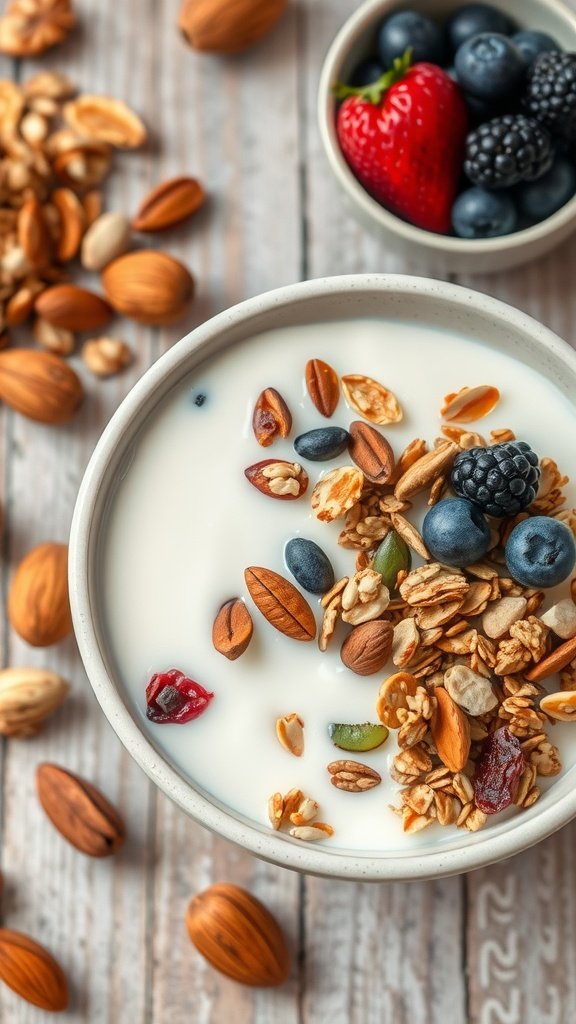 A delicious Fruit and Nut Granola Bowl with yogurt, granola, and fresh berries.