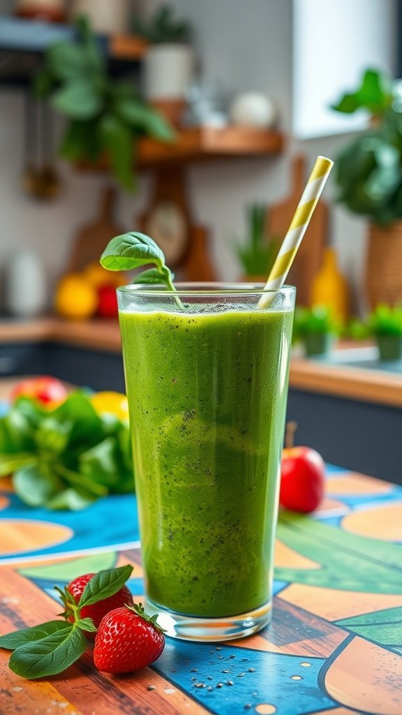 A green fruit smoothie with spinach and flax seeds in a glass with a straw.