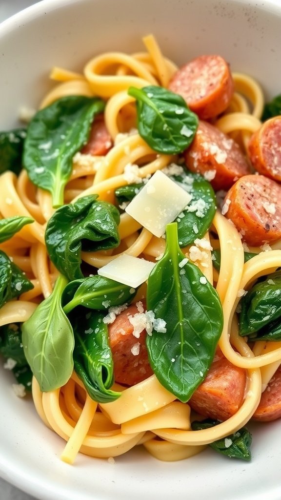 A bowl of fettuccine pasta topped with sliced kalbasa and fresh spinach, garnished with Parmesan cheese.