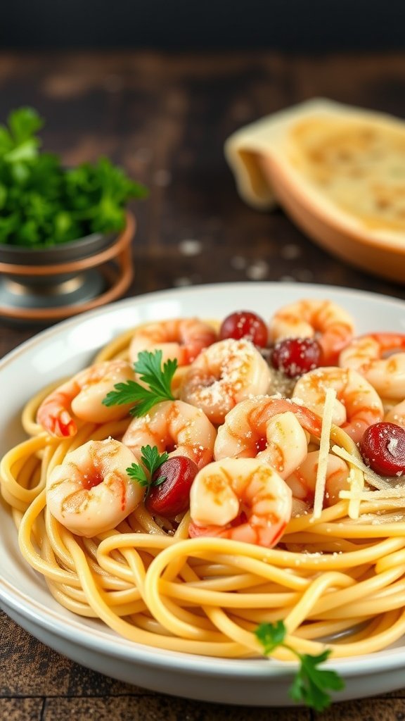 A plate of garlic butter shrimp and kielbasa pasta garnished with parsley and Parmesan cheese.