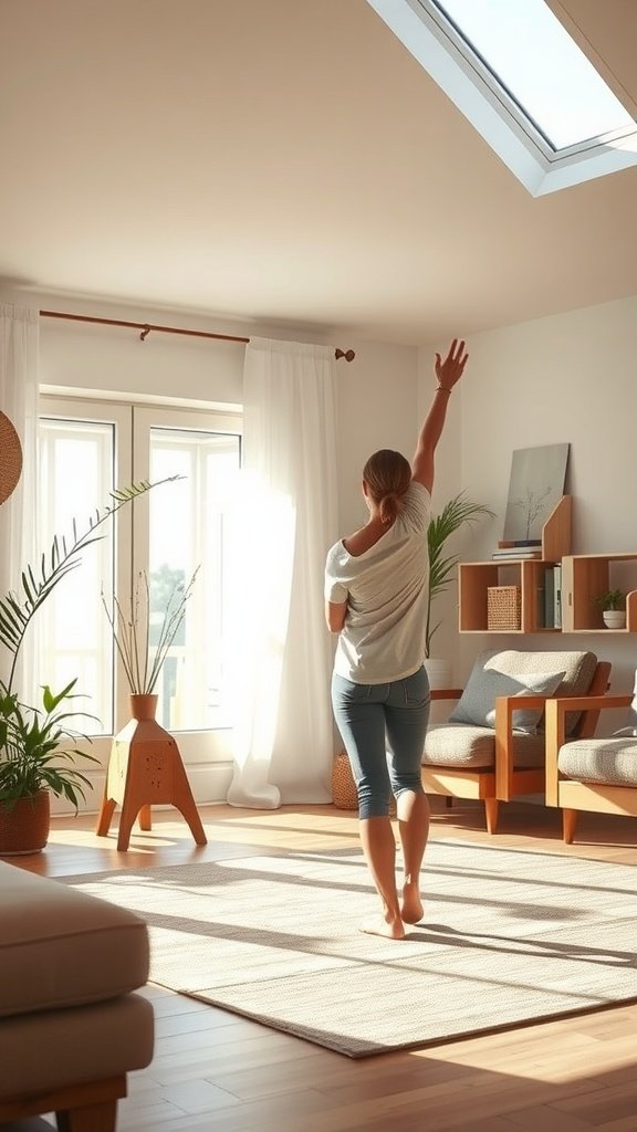 A person stretching in a bright and cozy room with plants and natural light