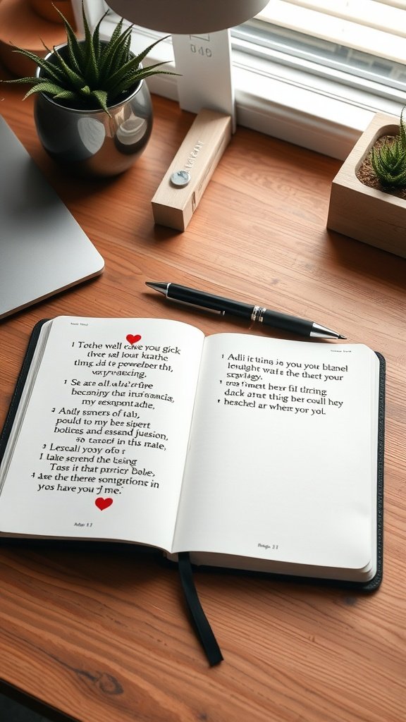 An open notebook with affirmations on a wooden desk, surrounded by plants and a pen.