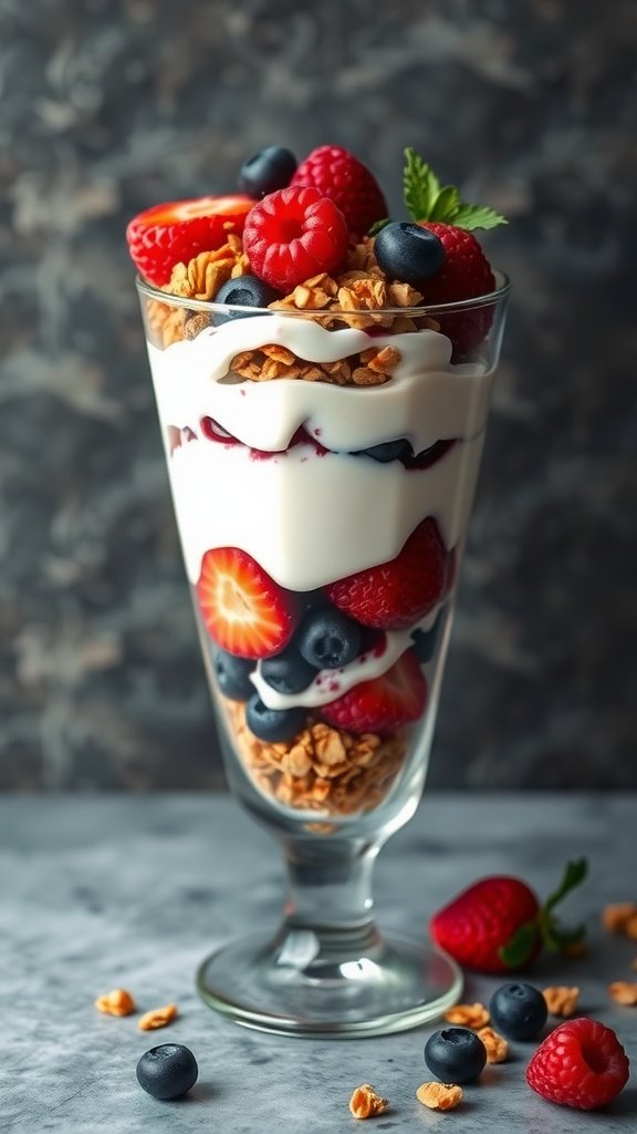 A delicious Greek yogurt parfait layered with fresh berries and granola.