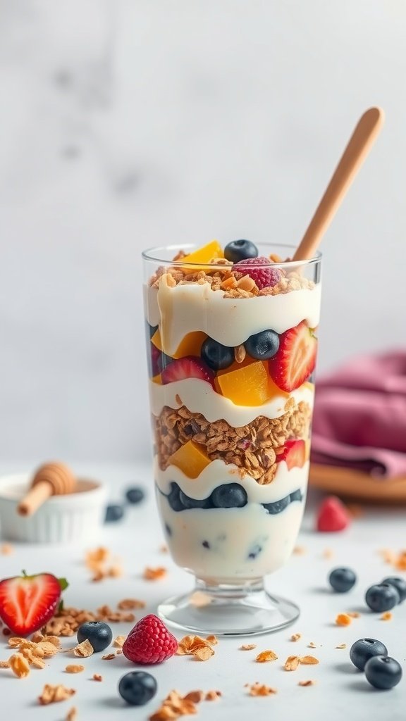 A delicious Greek yogurt parfait layered with fruits and granola.
