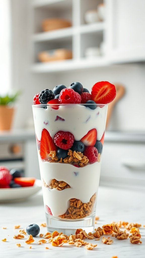 A Greek yogurt parfait with layers of yogurt, granola, and mixed berries in a glass.