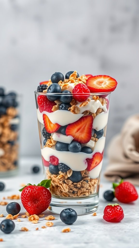 A layered Greek yogurt parfait with berries and granola