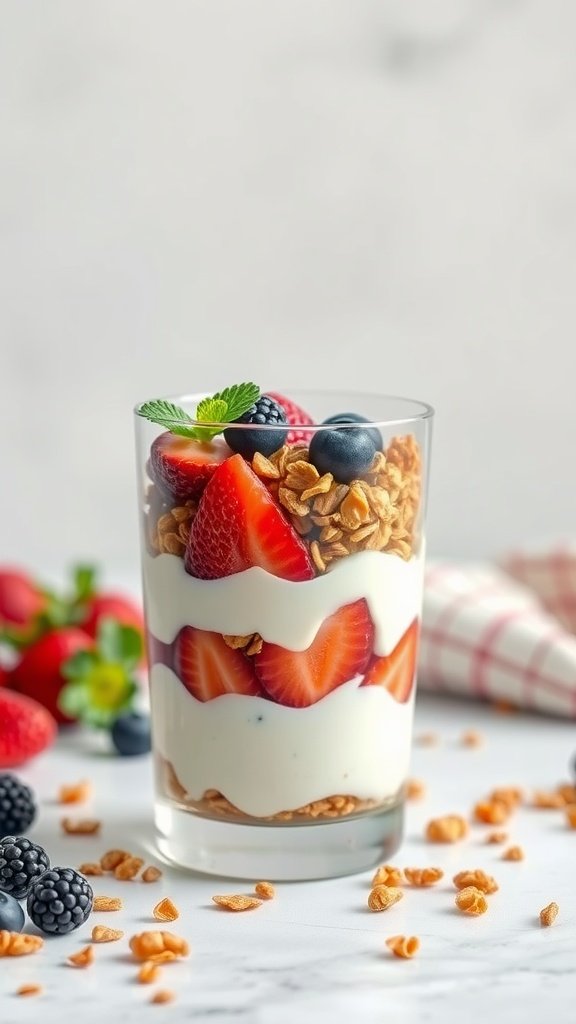 A delicious Greek yogurt parfait layered with berries and granola