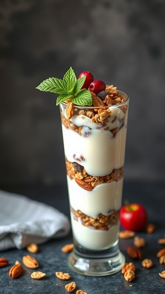 A healthy Greek yogurt parfait with layers of nuts and fruits.